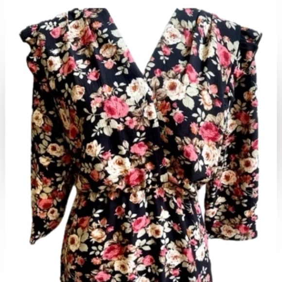 Fraiche By J Floral V Neck‎ Wrap Top Mini Dress Womens Medium Black NWOT Ruffle - Picture 1 of 12